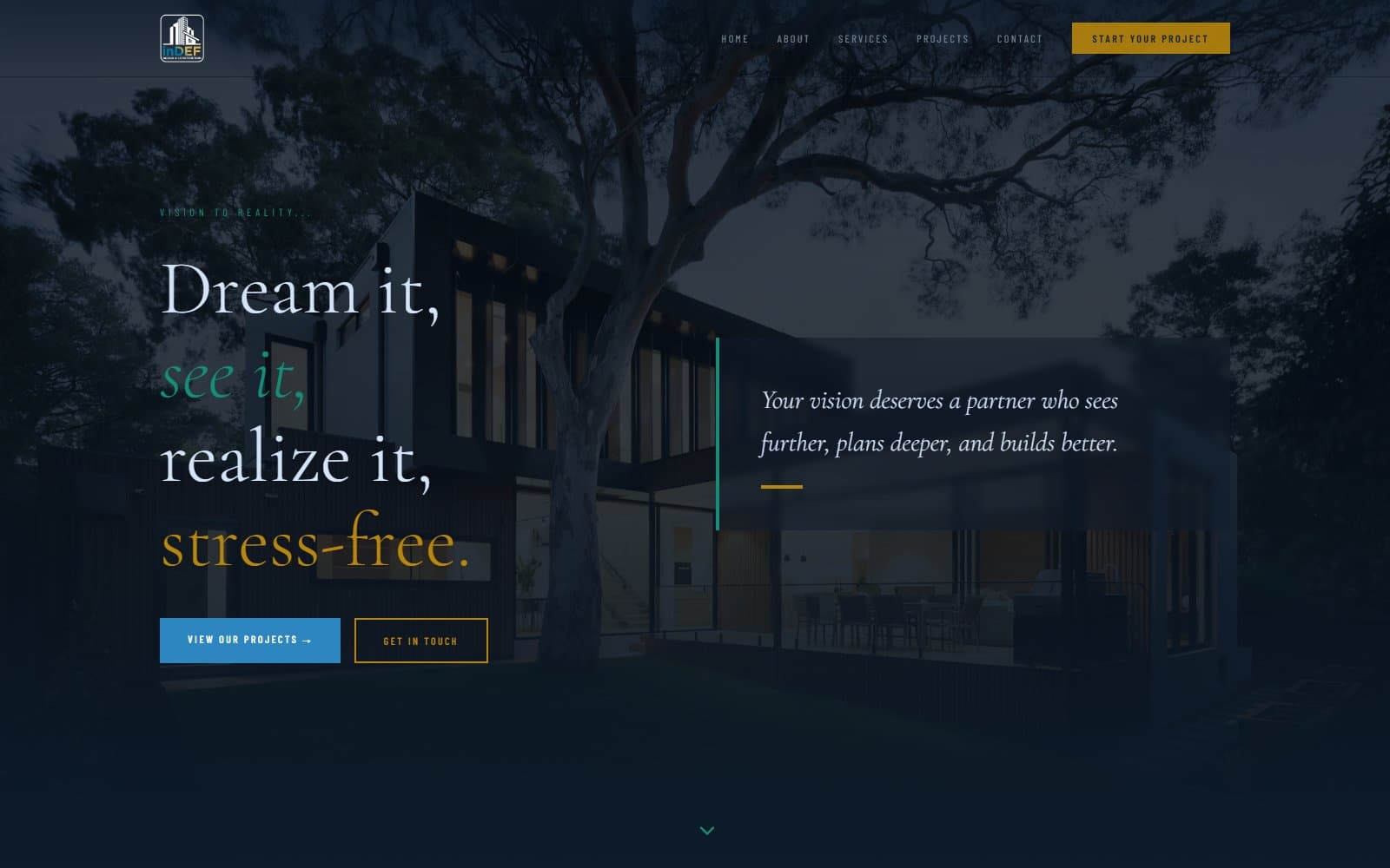 Startpagina van Indef Design met een woning in de avond
