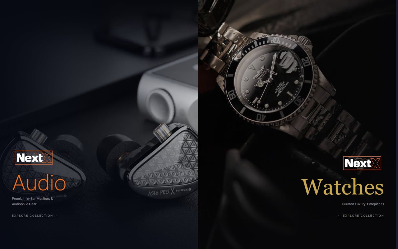 Startpagina van Shop NextX, gesplitst in Audio en Watches